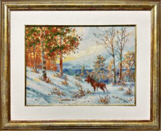 Framed embroidery of a moose standing in a snowy forest with golden trees and a soft sunrise in the background.