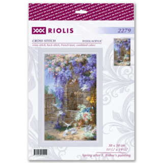 Cross-stitch kit depicting a rustic stone well with cascading purple flowers and white doves in a serene spring garden scene.