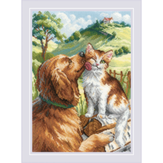 Cross-stitch design showing a brown dog licking an orange-and-white cat against a countryside hilltop backdrop.