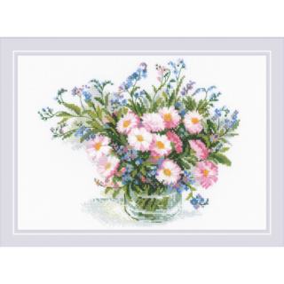 A glass vase filled with pink and white daisies mixed with small blue flowers and greenery, stitched in a soft, delicate style.