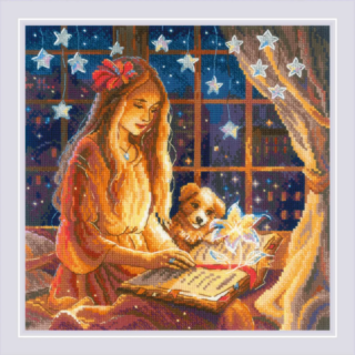 A glowing scene of a girl reading a magical book with a teddy bear beside her under twinkling stars in the night.
