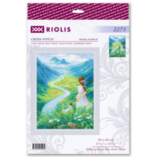 Cross-stitch design of a girl and a dog standing on a hillside with wildflowers, overlooking a winding river that flows through a lush green valley toward distant mountains.