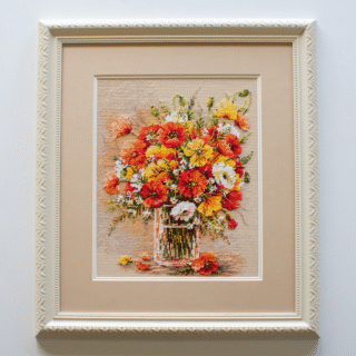 A vibrant cross-stitched bouquet of red, yellow, and white field poppies arranged in a glass vase, with scattered petals around the base.