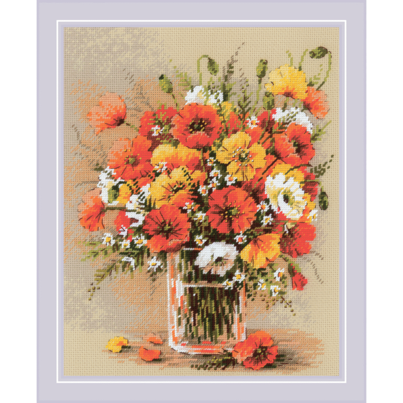 A vibrant cross-stitched bouquet of red, yellow, and white field poppies arranged in a glass vase, with scattered petals around the base.