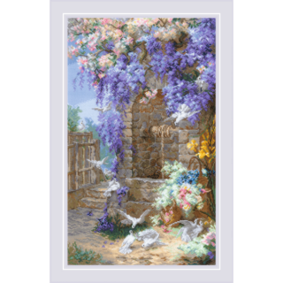Cross-stitch kit depicting a rustic stone well with cascading purple flowers and white doves in a serene spring garden scene.