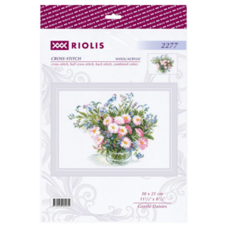 A glass vase filled with pink and white daisies mixed with small blue flowers and greenery, stitched in a soft, delicate style.