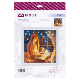 A glowing scene of a girl reading a magical book with a teddy bear beside her under twinkling stars in the night.