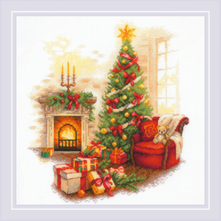 A cozy Christmas scene with a decorated tree, glowing fireplace, wrapped presents, and an armchair with a teddy bear.
