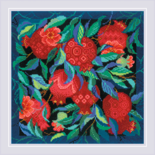 Vibrant cross-stitch design of lush red pomegranates with green and blue leaves, perfect for a decorative panel or cushion.