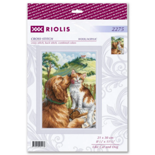 Cross-stitch design showing a brown dog licking an orange-and-white cat against a countryside hilltop backdrop.