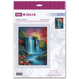 A glowing waterfall cascades over dark rocks surrounded by autumn trees and bright flowers under a colorful sunset sky.