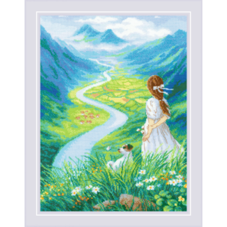Cross-stitch design of a girl and a dog standing on a hillside with wildflowers, overlooking a winding river that flows through a lush green valley toward distant mountains.