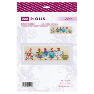 Colorful chickens marching in a row with a basket of chicks in a whimsical cross-stitch design.