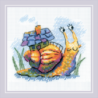 Colorful cross-stitch design of a smiling snail with a whimsical house-shaped shell, surrounded by grass and soft watercolor shading.