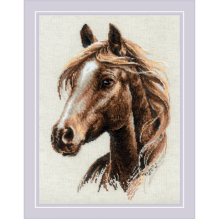 Cross-stitch portrait of a majestic brown horse with flowing mane, stitched in rich natural tones on a light background.