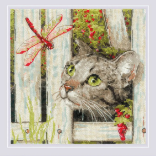Cross-stitch of a curious tabby cat peeking through a wooden fence at a red dragonfly, with green leaves and berries in the background.