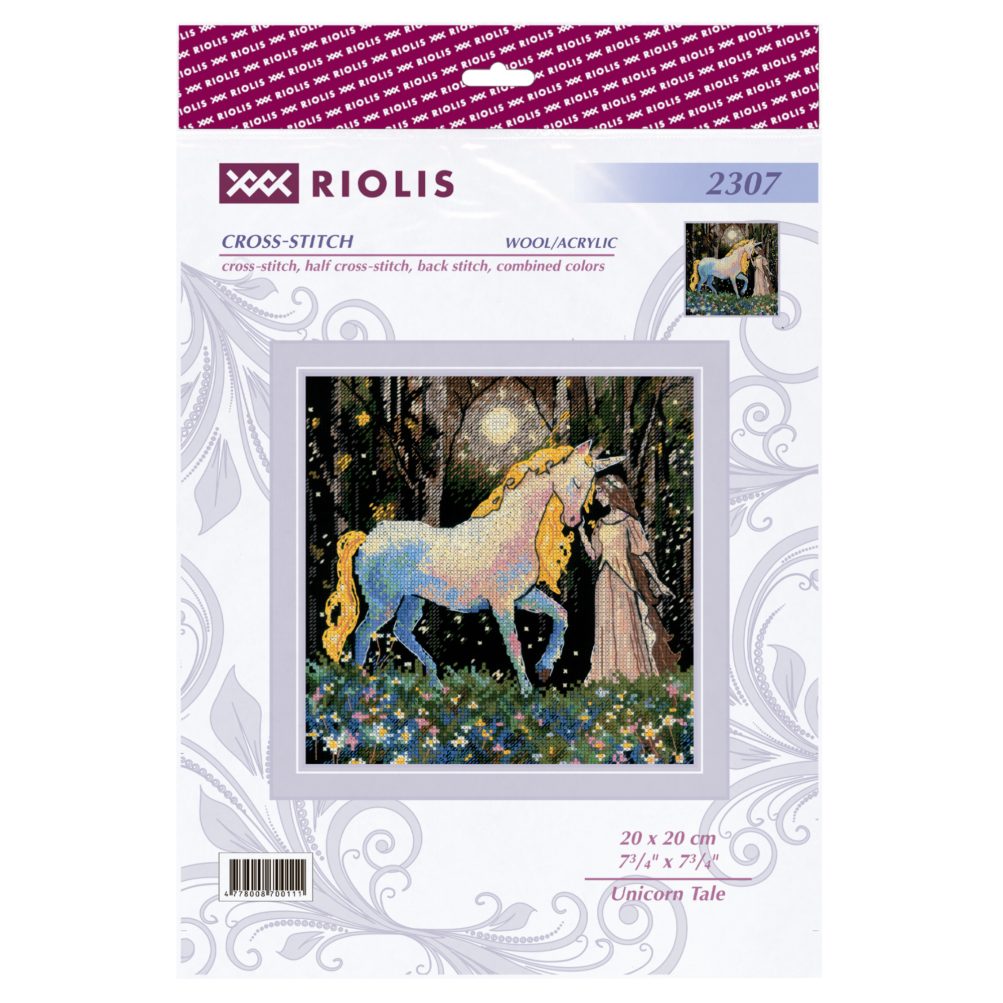 Cross-stitch artwork of a dreamy unicorn with a golden mane standing beside a girl in a moonlit forest clearing.