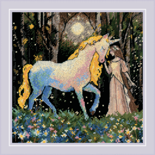 Cross-stitch artwork of a dreamy unicorn with a golden mane standing beside a girl in a moonlit forest clearing.