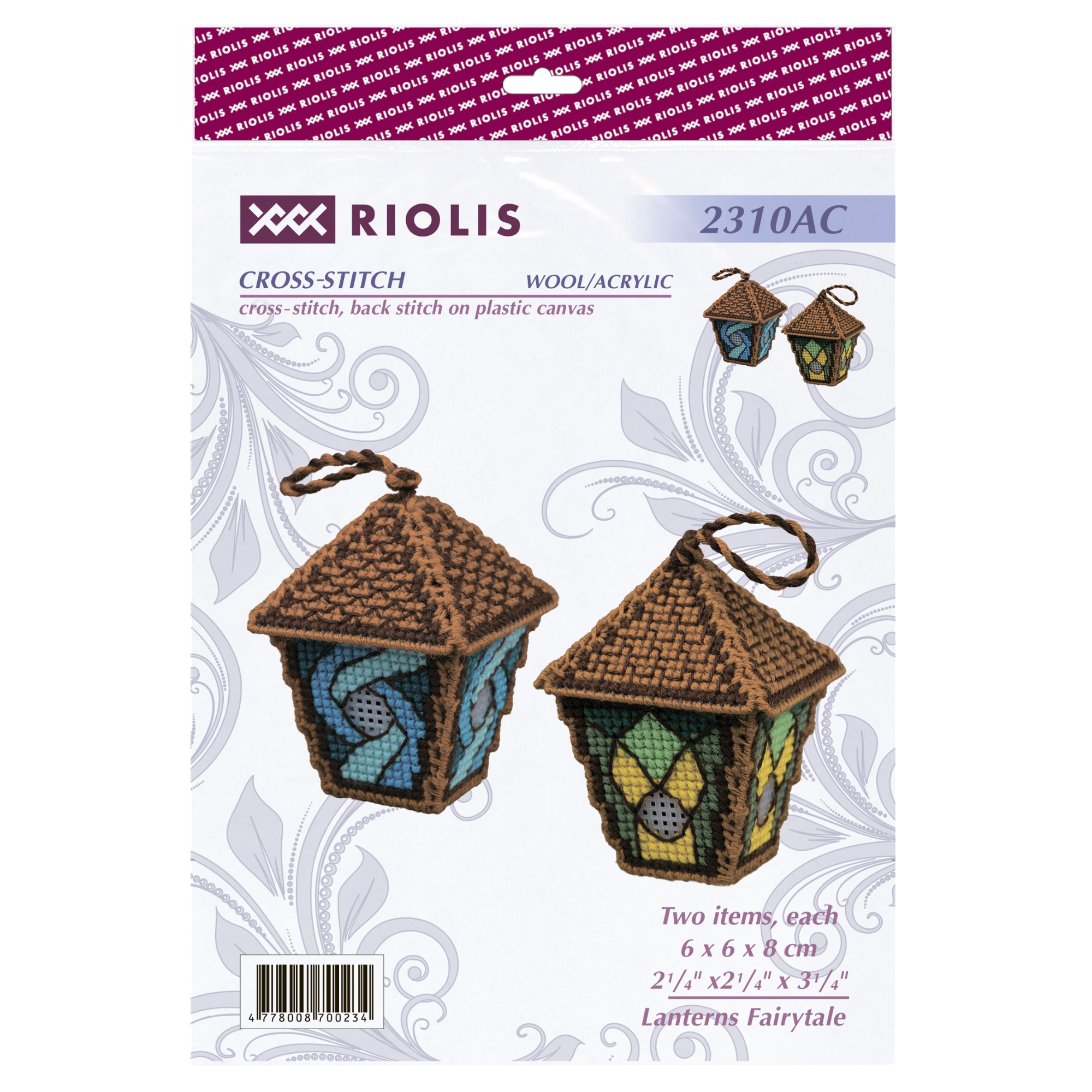 Two 3D cross-stitched lantern ornaments with stained-glass style panels in green, yellow, and shades of blue, crafted on plastic canvas.