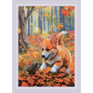 A cross-stitch design of a playful corgi puppy meeting a hedgehog on a forest floor covered with autumn leaves.
