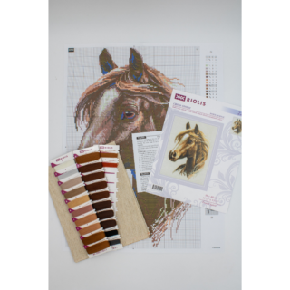 Cross-stitch portrait of a majestic brown horse with flowing mane, stitched in rich natural tones on a light background.