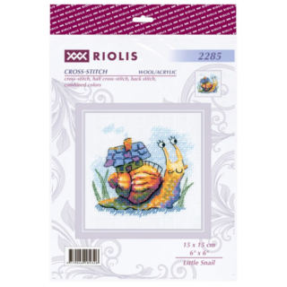 Colorful cross-stitch design of a smiling snail with a whimsical house-shaped shell, surrounded by grass and soft watercolor shading.