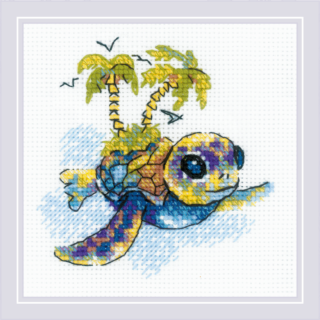 Cross-stitch embroidery of a colorful cartoon-style sea turtle with a yellow and blue shell. Palm trees grow from its back, and small birds fly above. Design from RIOLIS kit 2287 Little Turtle.