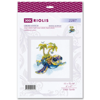 Cross-stitch embroidery of a colorful cartoon-style sea turtle with a yellow and blue shell. Palm trees grow from its back, and small birds fly above. Design from RIOLIS kit 2287 Little Turtle.