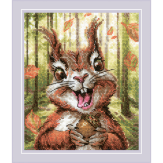 A cheerful cross-stitch design of a wide-eyed squirrel clutching an acorn with joy in a sunlit forest.