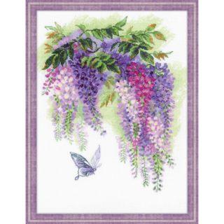 Cross-stitched cascading wisteria flowers in purple, pink, and lavender shades with green leaves and a butterfly below, stitched on white fabric.