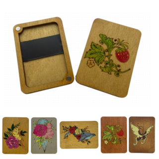 Kind Fox wooden needle case with hand-painted design and magnetic needle holder inside.