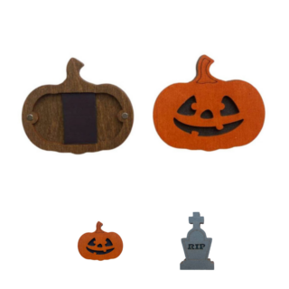 Wooden needle cases shaped like a jack-o'-lantern pumpkin and a gravestone with “RIP” cutout, designed for Halloween-themed stitching accessories.
