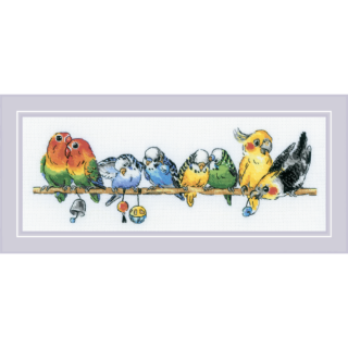 Cross-stitched row of colorful parrots and budgies sitting on a perch with hanging toys, playfully interacting.
