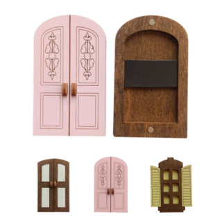 Charming wooden needle cases shaped like cottage doors and windows in pastel pink, white, and yellow, with magnetic interiors for secure needle storage.