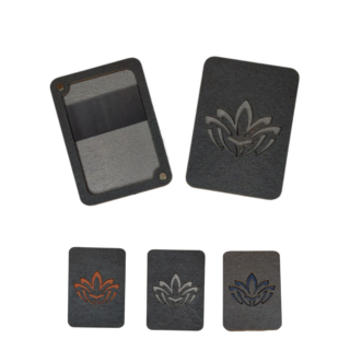 Elegant grey wooden needle case with a lotus flower design and magnetic interior.
