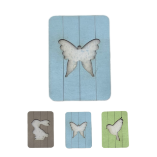 Pastel wooden needle case with an animal-shaped cutout and paneled background.