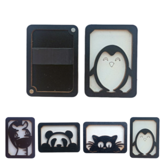 Wooden needle cases featuring cutout designs of penguin, panda, zebra, and cat, with magnetic interiors for holding needles.
