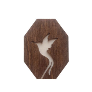 Wooden needle case with natural cutout design of a hummingbird, made from dark-stained wood.