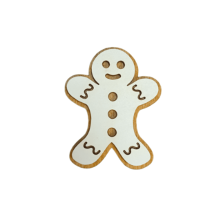 Festive wooden needle case shaped like a gingerbread man with white icing details and magnetic interiors.