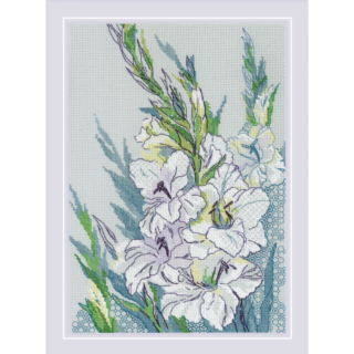 A delicate blackwork embroidery design of white gladiolus flowers with green leaves, stitched against a softly patterned background.