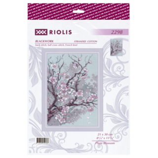 An elegant blackwork embroidery of plum blossom branches with soft pink flowers and geometric patterns on a pale background.