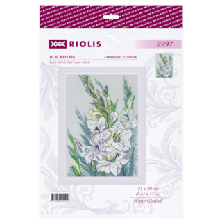 A delicate blackwork embroidery design of white gladiolus flowers with green leaves, stitched against a softly patterned background.