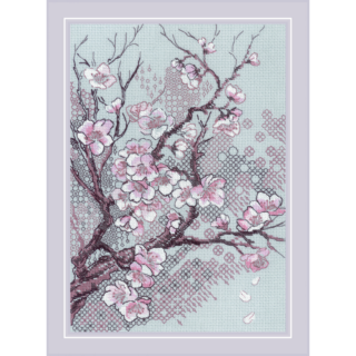 An elegant blackwork embroidery of plum blossom branches with soft pink flowers and geometric patterns on a pale background.