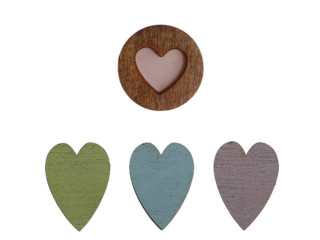 Set of four Kind Fox wooden magnetic needle minders featuring heart designs in natural wood with pink center, green, blue, and pink colors.