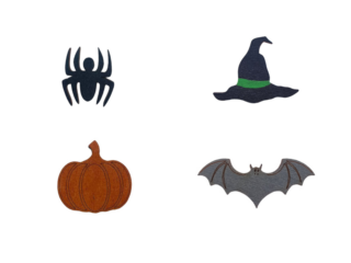 Wooden magnetic Halloween needle minders by Kind Fox featuring four designs: black spider, witch hat with green band, orange pumpkin, and gray bat, with separate backing magnet.