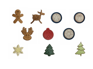 Set of wooden Christmas magnetic needle minders featuring gingerbread man, reindeers, trees, bell, snowflake, ornament, and round holiday medallion designs.