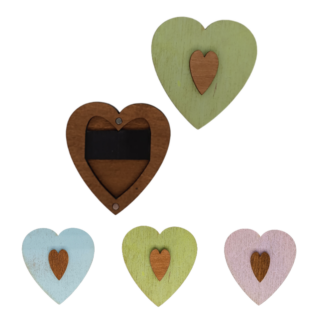 Heart-shaped wooden needle cases in soft pastel colors including blue, green, and pink, each with a contrasting heart inlay and magnetic interior.