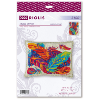 Cross-stitched cushion featuring vibrant multicolored feathers in bold shades of red, orange, blue, green, and purple on neutral fabric.