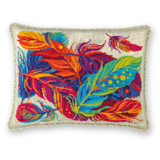 Cross-stitched cushion featuring vibrant multicolored feathers in bold shades of red, orange, blue, green, and purple on neutral fabric.