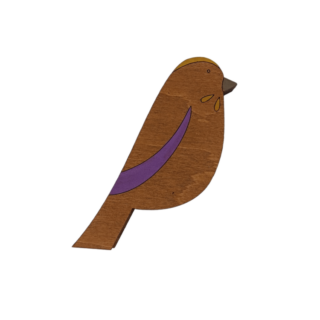 Wooden magnetic needle minder shaped like a bird with purple wing detail.